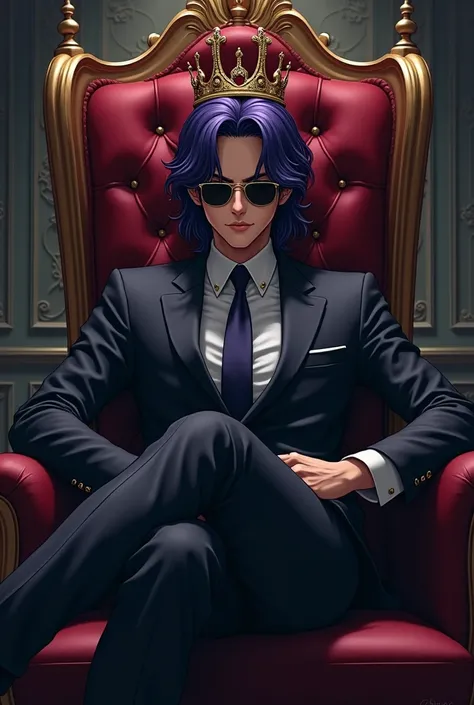 Art, handsome boy, japanese, curtain hair, dark purple hair, sunglasses, wearing a suit, use a crown, smile, villain, shitting on throne, front look.