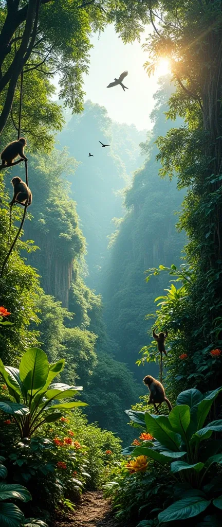 A wide-angle panoramic photo of a lush, vibrant rainforest during the day. The sunlight is filtering through the canopy, illuminating the colorful vegetation. A variety of exotic plants and animals are visible, including monkeys swinging from vines and bir...