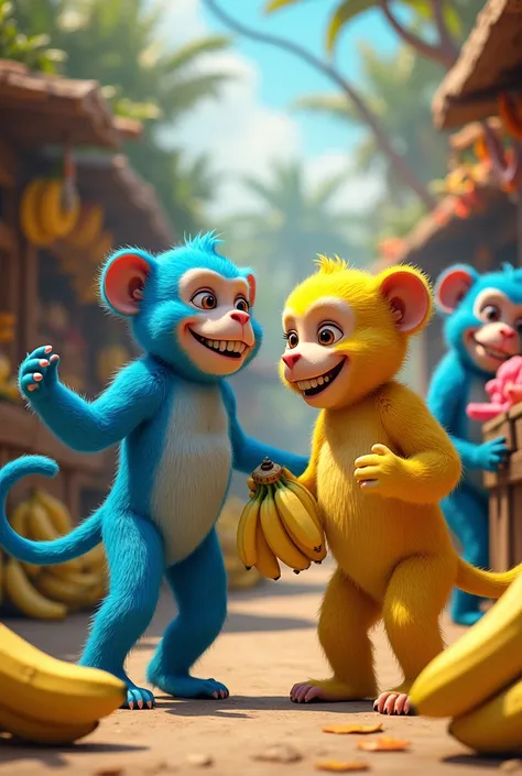 Blue monkeys are dancing with banana 🍌 and yellow bear is selling his  pink banana 