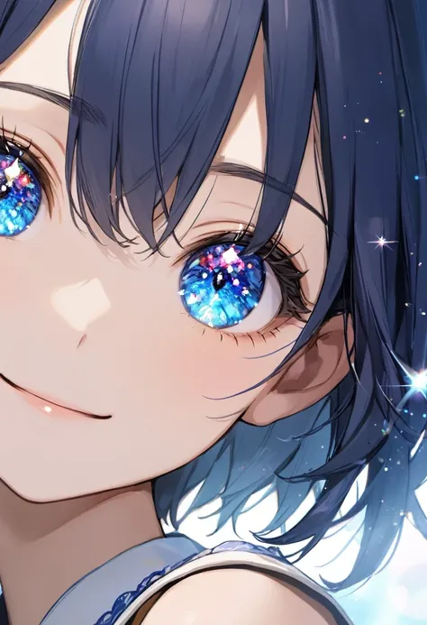 (masterpiece, best quality),face close-up,eyes focus,A girls iris sparkles like a jewel,smile, BREAK (16yo,(Sparkling diamond eyes),(darkblue hair, wavy-short hair),eyebrows,middle small breasts),