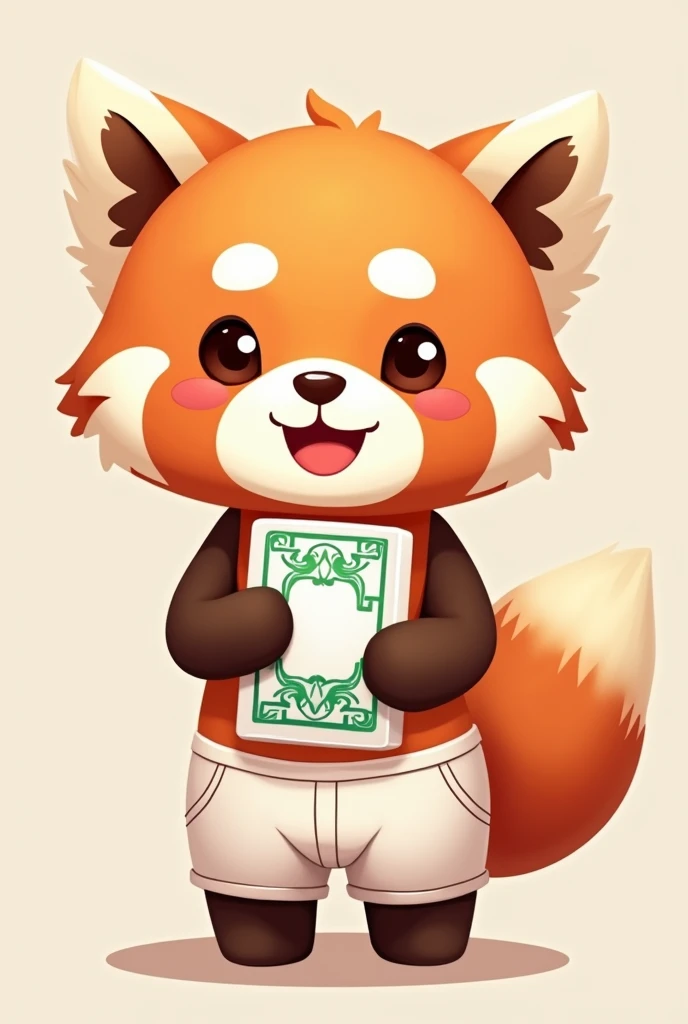 Red panda, semi realistic cartoon, wearing white singlet, wearing pants, standing, smiling, cute, holding mahjong tile, mahjong white top green bottom tile