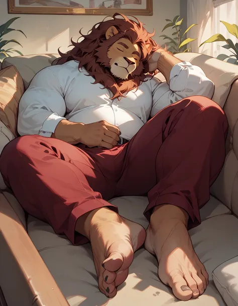 big, furry, muscular male, lion, mane hair, old man, sleeping in a sofa, barefoot, caloused feet, dirty feet, burgundy pants, so...