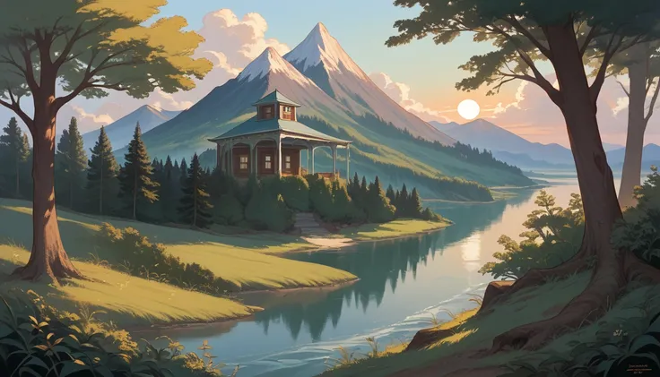 Art Nouveau house, upbeat, morning sun, there is a forest under the mountains, a river flows along the mountains, 