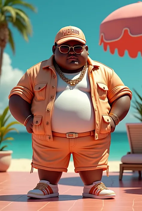 make me a picture of a chubby man wearing Miami style summer clothes that represents a luxury brand with a logo in capital letters and legible called MGRIOS THE PERSON WILL HAVE A Visor style cap where it has the same letters MGRIOS IN LARGE and everything...