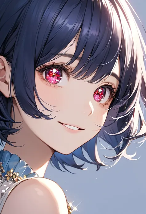 (masterpiece, best quality),face close-up,eyes focus,A girls iris sparkles like a Ruby,smile, BREAK (16yo,(Sparkling diamond eyes),(darkblue hair, wavy-short hair),eyebrows,middle small breasts),simple background,