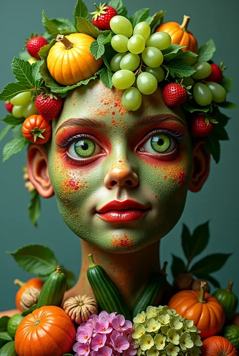 Create a surreal portrait of a human face composed entirely of a variety of fruits and vegetables. The face should feature bright green grapes, strawberries, apples, and leafy greens to represent facial features like eyes, nose, and hair. Include a mix of ...