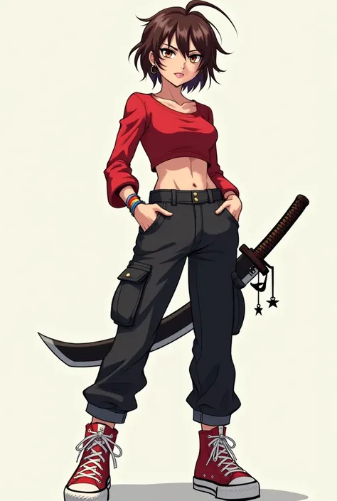  anime styling,  short brown hair, cat eyes with dark circles, short red blouse, black cargo pants, red all star sneakers, star earring, with katana with star pendants in hand, with scars on the face 