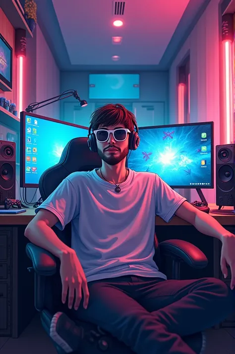 Man in room with YouTube art gaming room in anime wives wearing white sun glasses.
