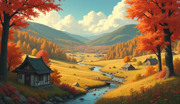 Highly detailed anime-style still images,Fall,Autumn ,Cozy Ghibli Studio Style,4k,landscape