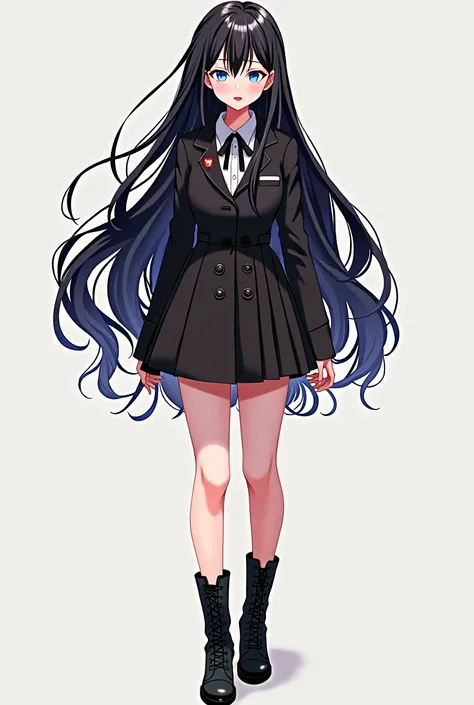 One girl, Long Hair, Black Hair, Close your mouth,  Black stiletto heel boots，anime, Bright Eyes, Character portrait, whole body，I can see your feet，I can see the boots