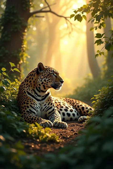 Leopard feeling morning sunshine coming through many trees