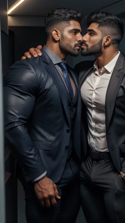 indian latino gay couple mouth to mouth kissing in car, wearing a strict business suit, muscular men, business men, gay, tall ha...