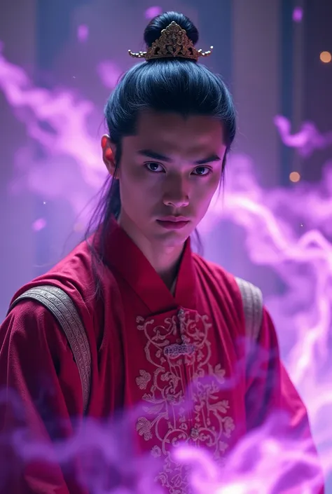 young man in his royal red traditional attire surround by purple flames, intense, looking at viewer , Backlighting, Sparkle, Masterpiece, Best quality 