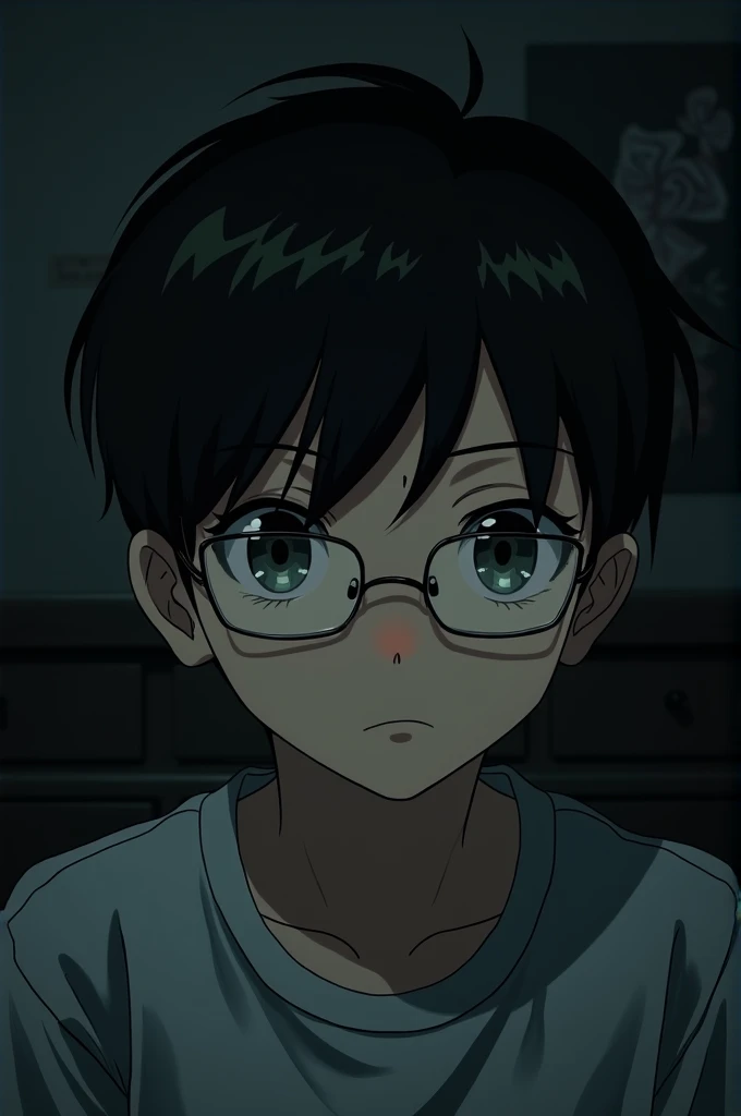 boy with glasses, black hair, dark anime style