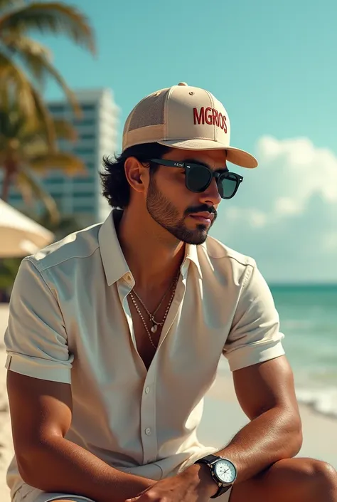 make me a picture of a skate style man wearing Miami style summer clothes that represents a luxury brand with a logo in capital letters and legible called MGRIOS THE PERSON WILL HAVE A flat new era style cap where it has the same letters MGRIOS IN LARGE an...