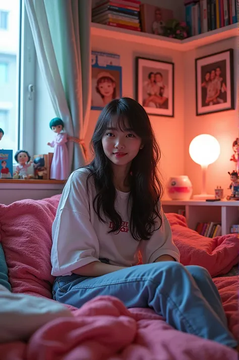 Generate an image of a 20 year old girl sitting in her room filled with Stray Kids K-Pop fan merchandise, albums, miniature dolls, fan lightsticks, and photos of all the 8 Stray Kids Kpop Band members.