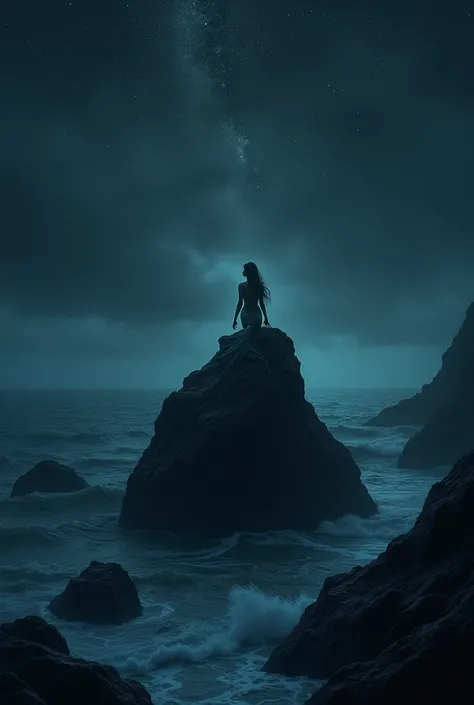 A gloomy ocean at night with a starry sky with a mermaid on a rock asthetic for phone lockscreen