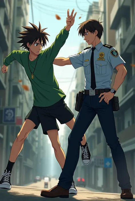 1 Japanese man,Age 20,green long sleeve shirt,necklace,Black school shorts,Black breaker shoes,energy,Clinging to revenge,1 male policeman,Age 20,police uniform,Masked Rider Drive Belt,