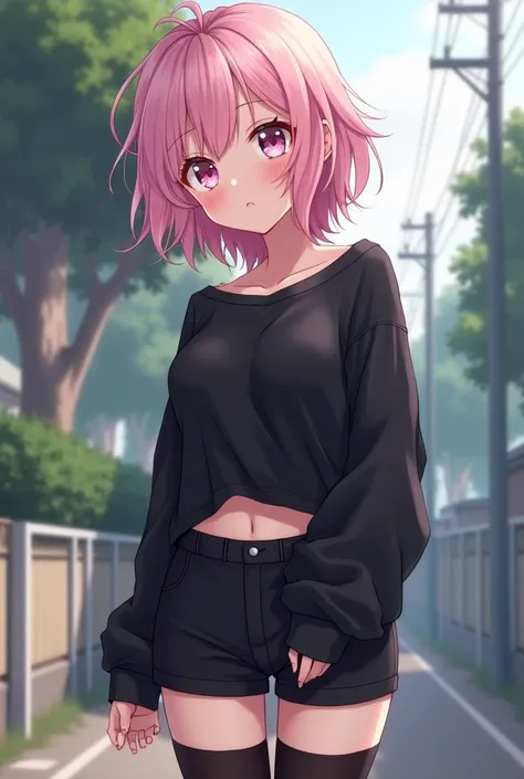 Girl with messy pastel pink hair, white eyes, pink breasts, big breasts, perfect waist, perfect body, flat stomach, perfect lips, small height, breasts, pink eyes, fringe, big breasts, outdoor, anime black baggy shirt long shorts y2k black tights 
