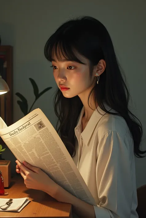 masterpiece, best quality, photorealistic, 1girl, flat bangs, shirt, emotional, ulzzang, (PureErosFace_V1:0.7), reading old newspaper, table, sitting, side view 