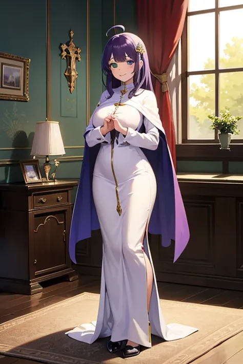 detailed, woman, priest, shy, smiling, making a heart with hands, ahoge, purple hair, green eyes, blue eyes, heterochromia, voluptuous, slender, in the living room, fantasy, full body shot