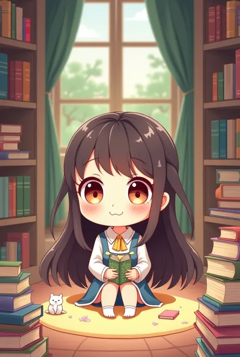 Create anime chibi mini:
{background: room book}, korean style, cute, female, long hair