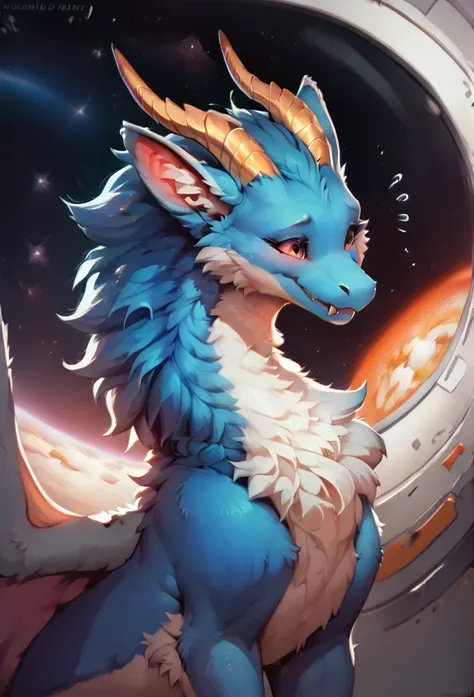 furry art, feral, furred dragon, female, portrait, white and blue fur, thicc, wings, horns, tail, chest fluff, paws, fangs,  ton...