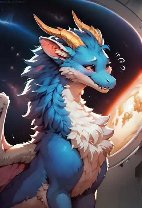 furry art, feral, furred dragon, female, portrait, white and blue fur, thicc, wings, horns, tail, chest fluff, paws, fangs,  ton...