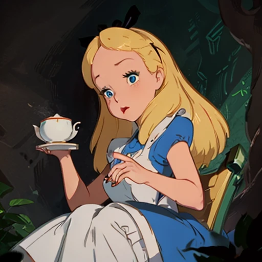 Glamour shot of Alice in Wonderland nude covering her tits with two teacups 