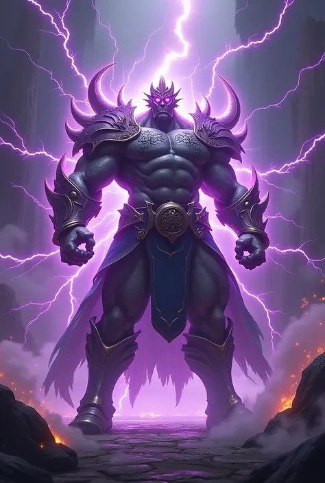 A final boss of a human-like fighting game that emits purple lightning

