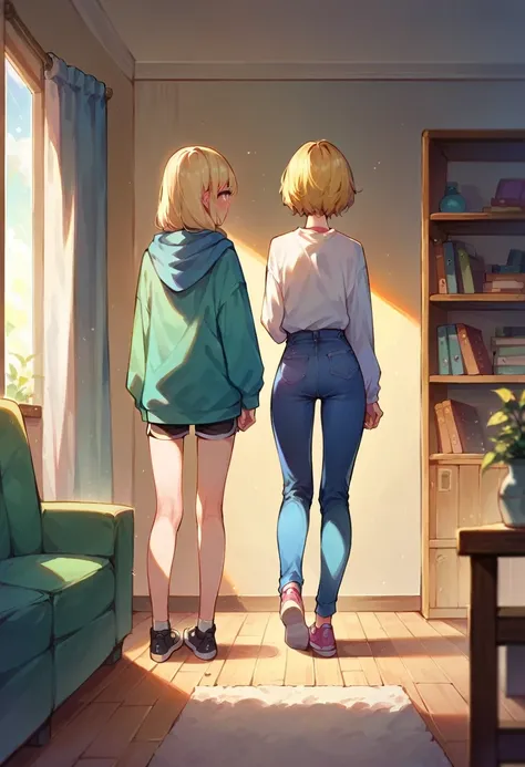 living room, A blonde short-haired teenage girl is being dressed by a black-haired girl from behind., shy, ( There must be two people in the image),Put your hands on your clothes and behind your back