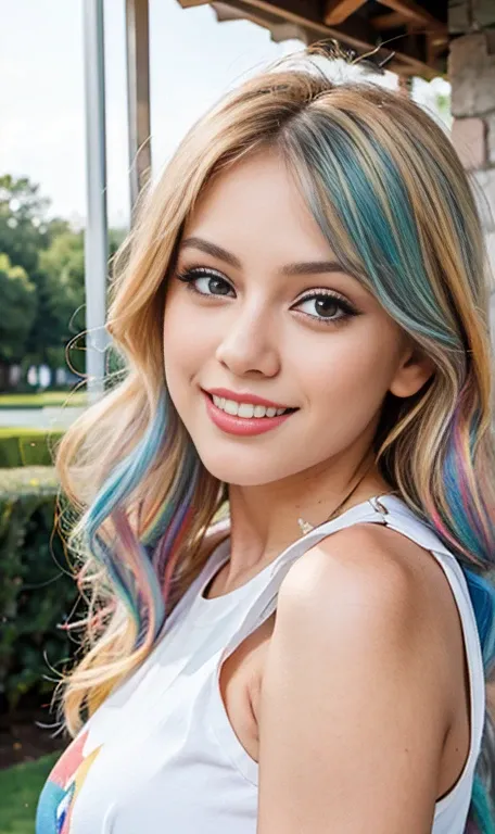 Beautiful girl with long rainbow hair , long rainbow hair , Trends at CG Society, Digital art, (Rostro Marilyn Monroe:0.9) beautiful blonde girl, modelo rainbow teen , Photo of a beautiful teenager , Nice smile , cute makeup , blue eye shadow , beautiful t...