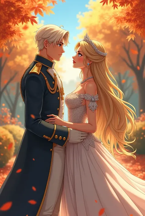 I would like to get an anime-style image of a couple: a tall, handsome, stately, courageous adult man-platinum blonde with long straight silver-platinum hair below the shoulders, dressed in long military clothes of gray and white color, he has tanned skin,...