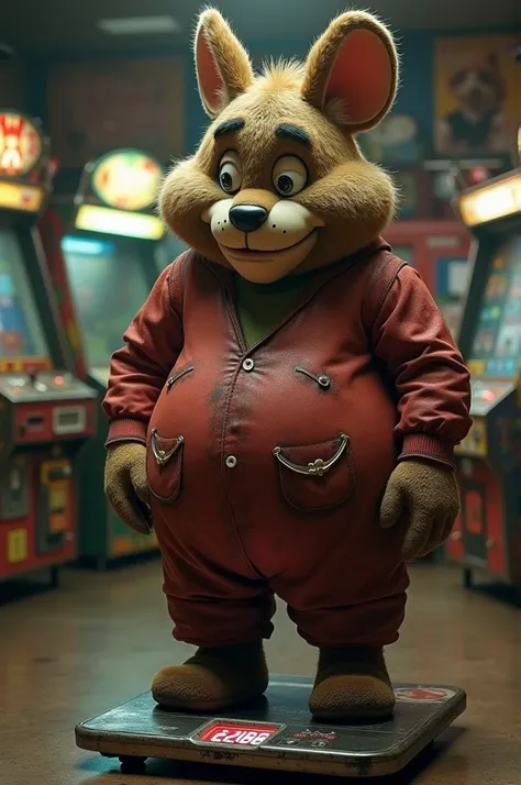 Chuck E. Cheese with weight gain Fatty issues and standing on the scale staring in disappointment and guilt