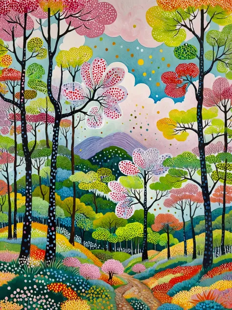 painting of a colorful landscape with trees and clouds, vibrant gouache painting scenery, whimsical forest, colorful trees, hill...