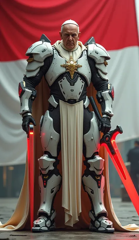 pope francis wearing a futuristic battle mecha suit with many weapons holding a large magical red sword and indonesian flag standing behind him