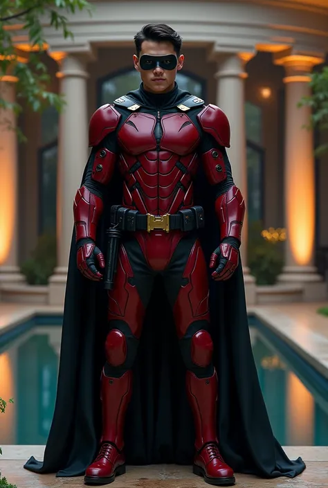 Curran Walters wearing a Burgundy Red armoured Robin sidekick tatical arkham city type suit and a Black Robin type mask wearing a black cape at a greek pool mansion night time