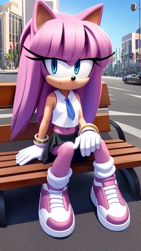 Female, Mobian, Hedgehog, pink fur, blue eyes,  white top, black mini skirt, white gloves with pink cuffs, white sneakers, ((very long straight quills/hair)), hair bangs, ((solo)), ((1girl)), sitting on bench, looking at viewer, Los Angeles, Streets, Holly...