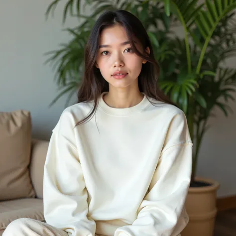 A photo of a young woman with long black hair wearing a white sweatshirt and blue jeans. She is sitting casually with her hands between her legs. The sweatshirt is soft and fits perfectly without any text, logos or designs. The fabric is flat, firm and wit...