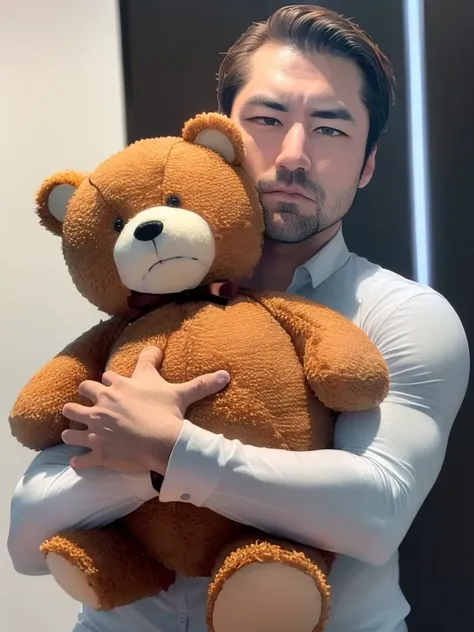 hugging a teddy bear, male. alone. small teddy bear, dark eyes、thinning hair, 7:3 part hairstyle, frowning、big nose、thick lips、