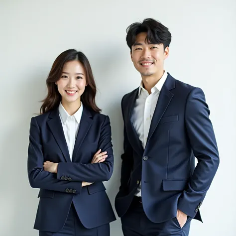 20s a young man and a young woman standing side by side, half-asia, korea, both wearing navy suit and inside white shirt They are posing confidently in a professional manner, with friendly and approachable expressions. The man and woman have a business-lik...