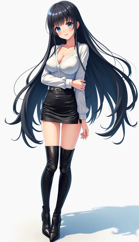 Overall image，Are standing，One girl, Long Hair, Black Hair, Close your mouth,  Black stiletto heel boots，anime, Bright Eyes,, whole body，The entire boot is visible，Knee-high boots，I can see the stiletto heels，beautiful girl，Large Breasts, Miniskirt, High r...