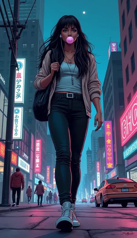 (Dark-skinned:1.2), latin mixed race, woman with long straight hair with bangs, backpack, (blowing a bubblegum), earbuds, ((long-sleeve top, black jeans pants, all-star shoes)), walking on city streets, looking downwards, (low-angle view:1.3), [[upward per...