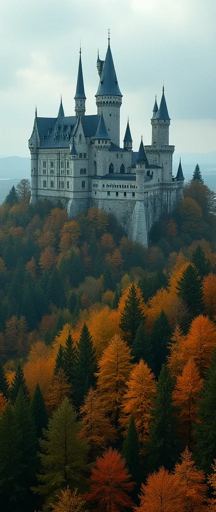 A panoramic aerial photograph of a dense, ancient cedar forest in autumn, a colossal, baroque castle, its spires reaching for the heavens, creating a dramatic atmosphere