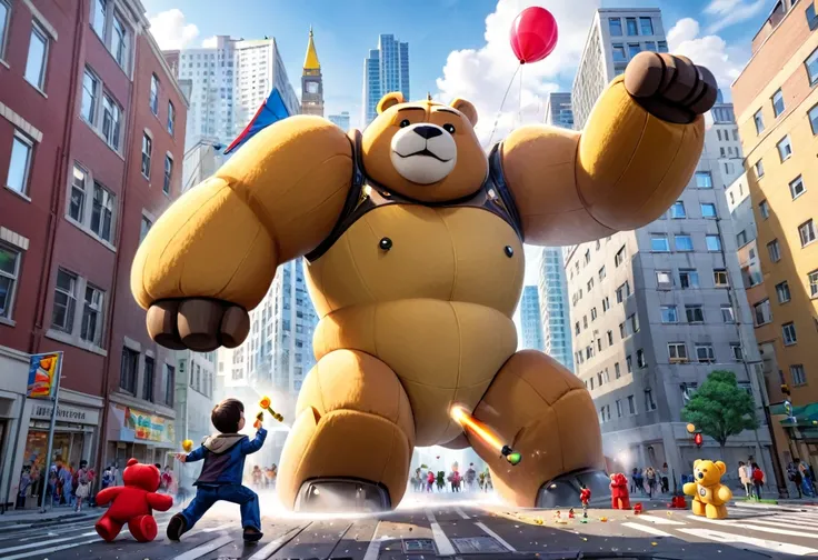 A plushy Ultra Man shoots his ultra beam at a giant teddy bear, rumble in a city made of childrens building blocks, 