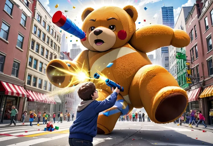 A plushy Ultra Man shoots his ultra beam at a giant teddy bear, rumble in a city made of childrens building blocks, 