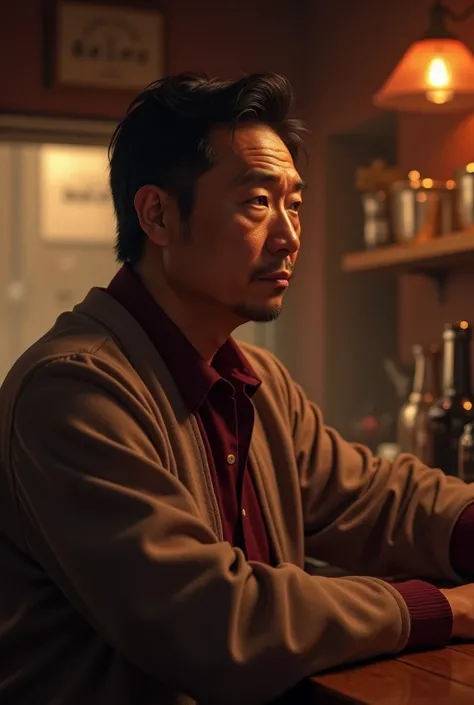 A 50-year-old Asian man, dressed in burgundy shirt and light burgundy jacket, He&#39;s standing behind a bartender&#39;s table in a brown lounge and looking at me half sideways., very serious and at a short distance