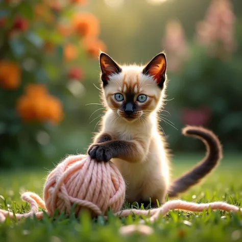 Full shot film of a three-color Siamese kitten playing with a ball of wool in a garden yard, the kitten is a three-color Siamese, it is playing with the threads of the ball of wool, the thread gets tangled all over its body, good lighting, full HD 8k