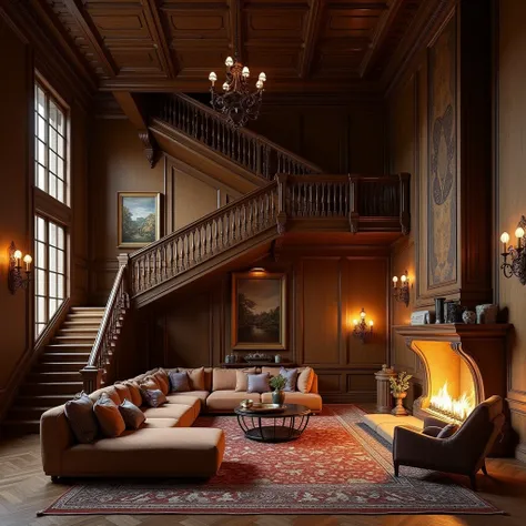 Create a room with a wooden staircase and rustic tone, with some paintings but the room has an air of luxury. It has a fireplace and an L-shaped sofa.