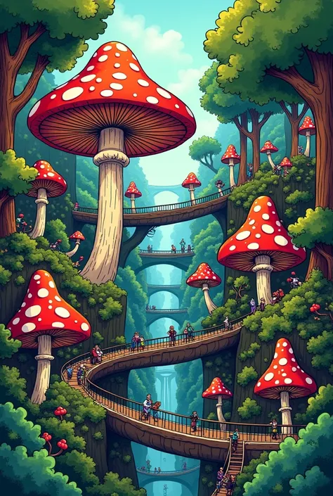 Graffiti drawing mushrooms growing off little trees in the forest made into a huge city with Bridges connecting everything ladders Vines 